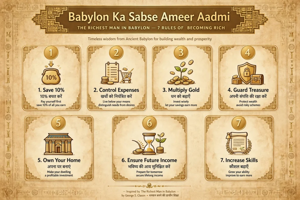 The Richest Man in Babylon book summary in Hindi cover image - Ameer Banne Ke 7 Niyam